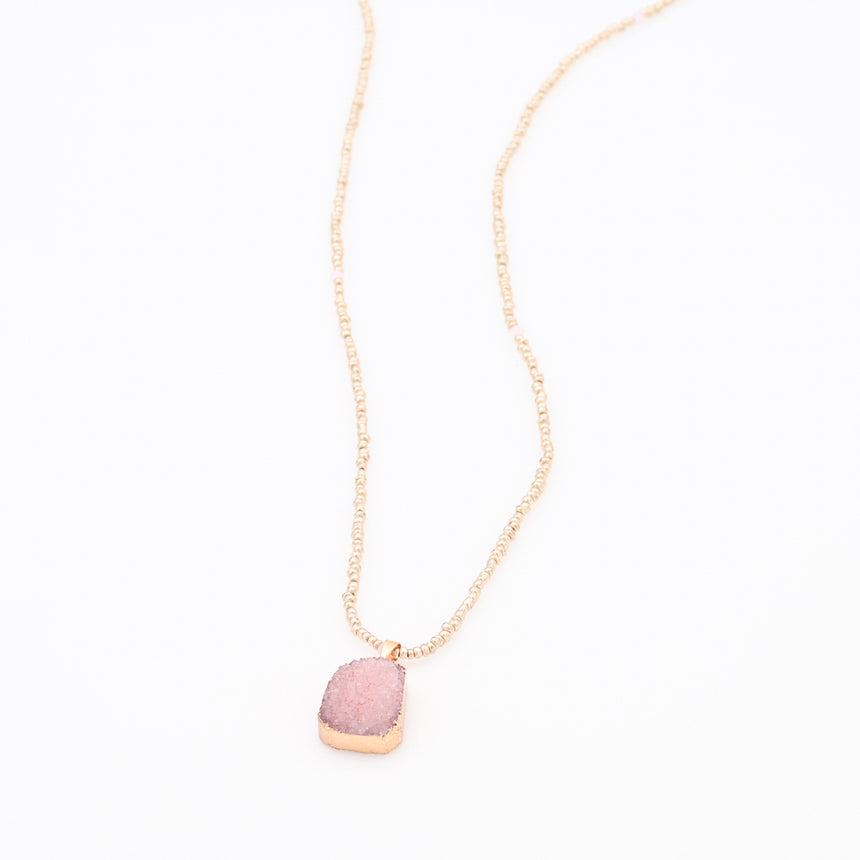 Gold Beaded Necklace with Pink Druzy