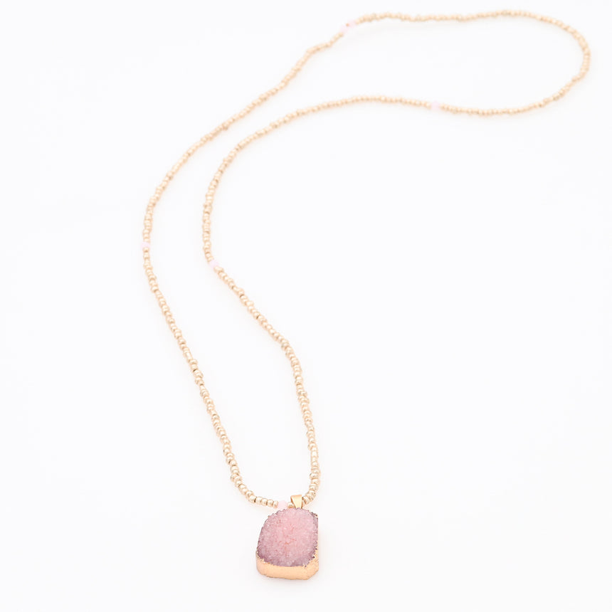 Gold Beaded Necklace with Pink Druzy