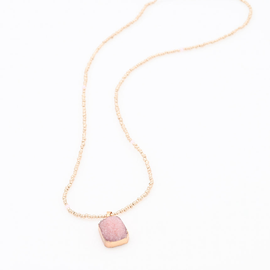 Gold Beaded Necklace with Pink Druzy