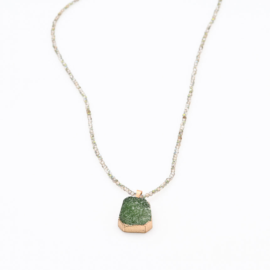 Beaded Necklace with Green Druzy