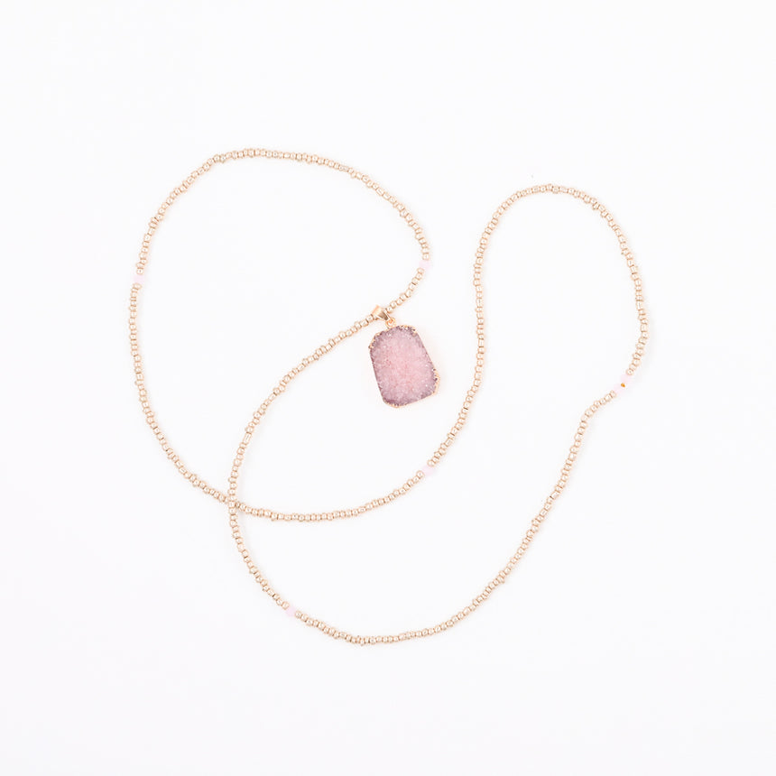 Gold Beaded Necklace with Pink Druzy