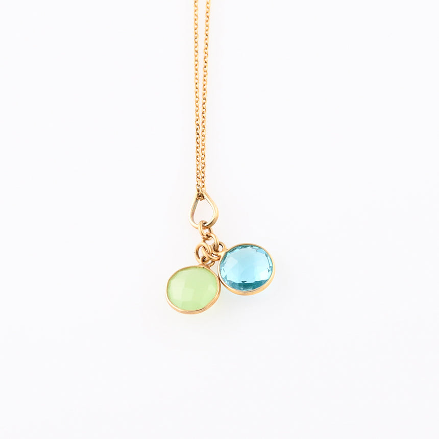 Long Gold Gemstone necklace - Blue Topaz and Green Chalcedony