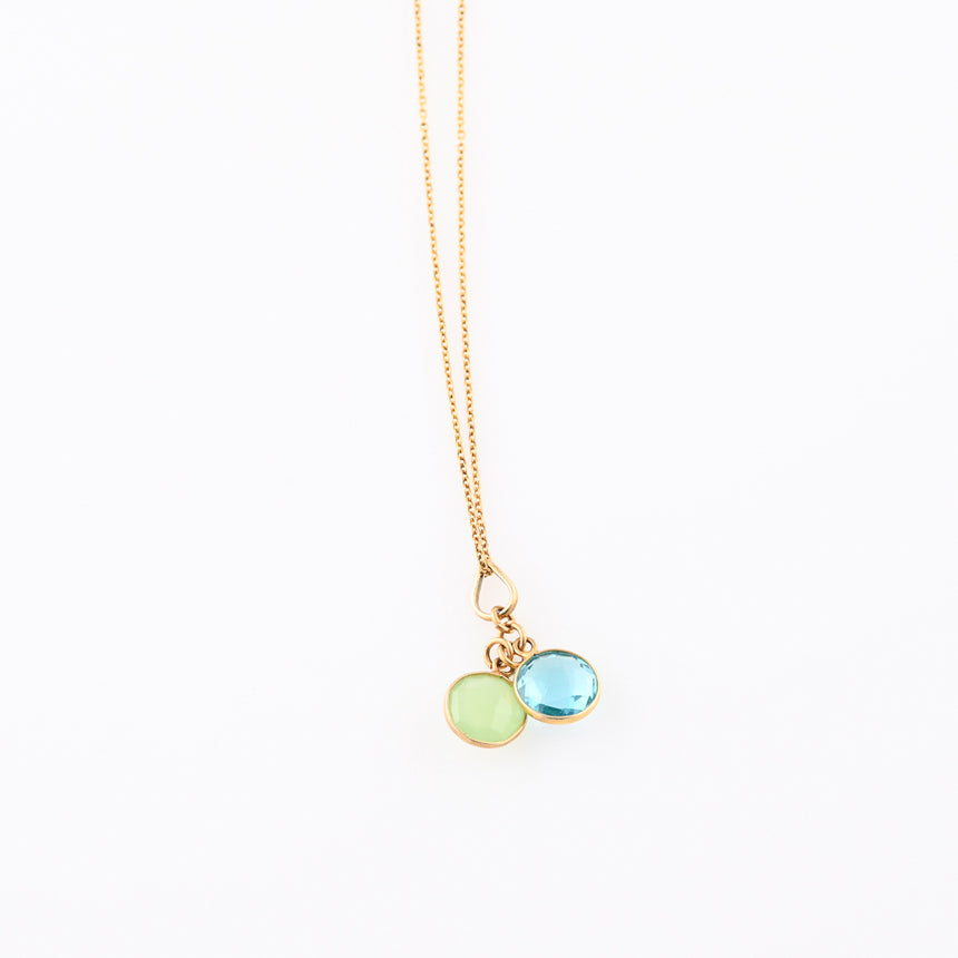 Long Gold Gemstone necklace - Blue Topaz and Green Chalcedony