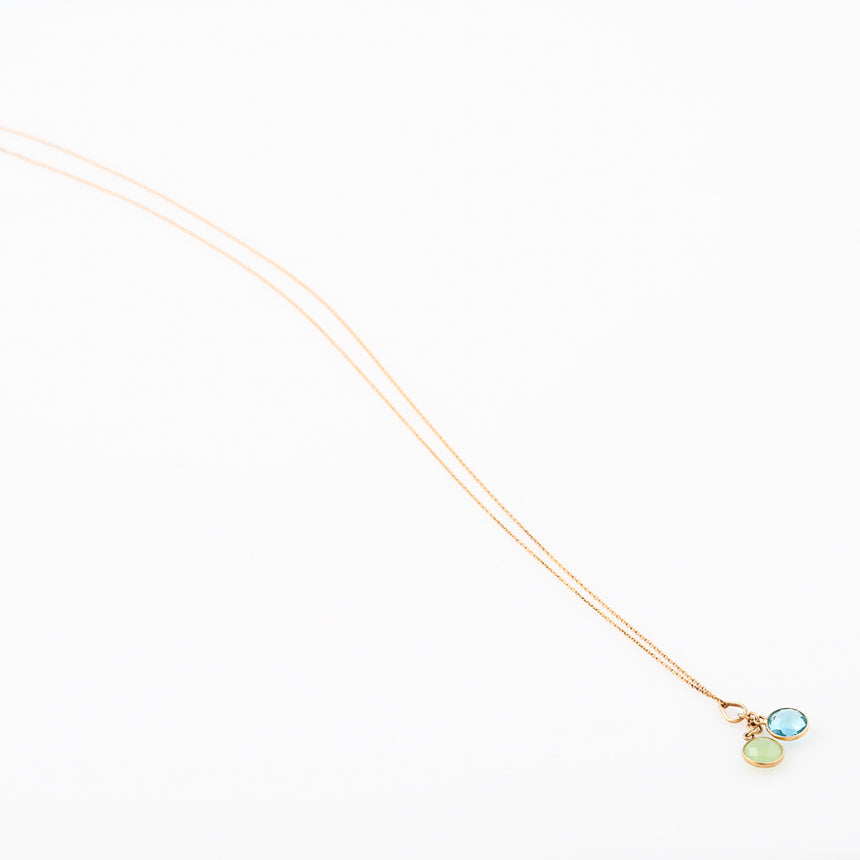 Long Gold Gemstone necklace - Blue Topaz and Green Chalcedony