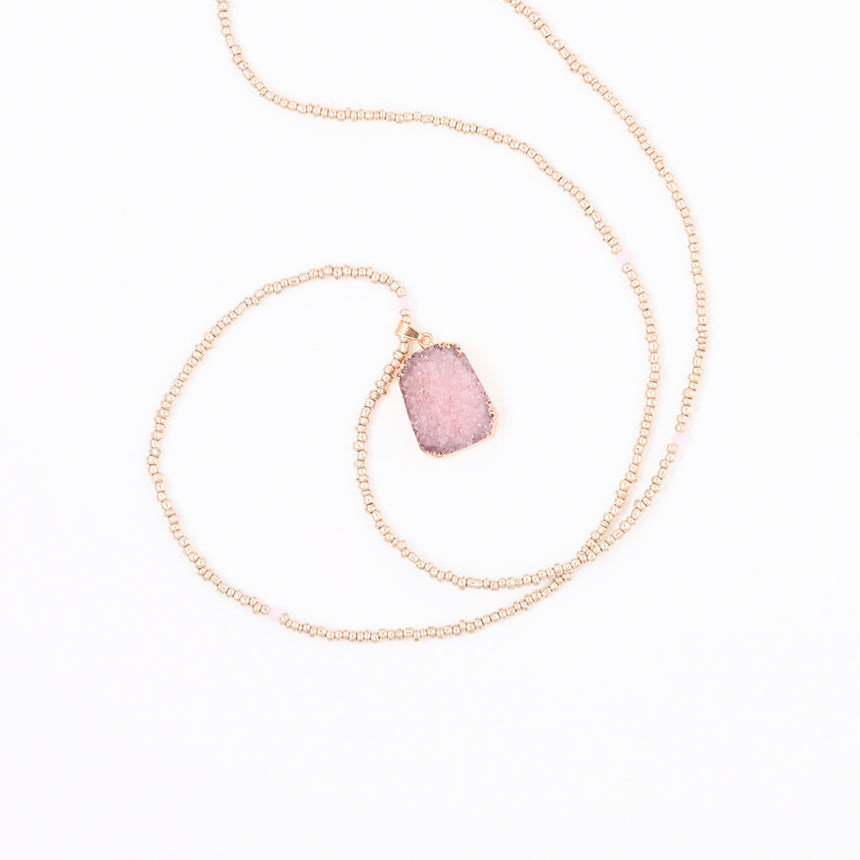 Gold Beaded Necklace with Pink Druzy