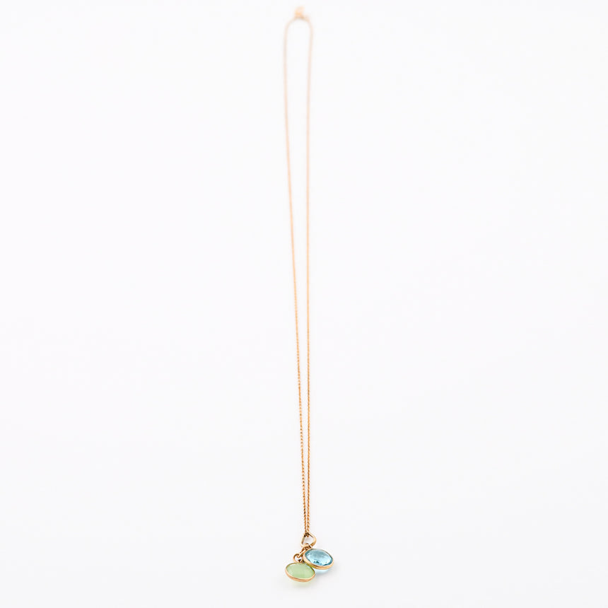 Long Gold Gemstone necklace - Blue Topaz and Green Chalcedony