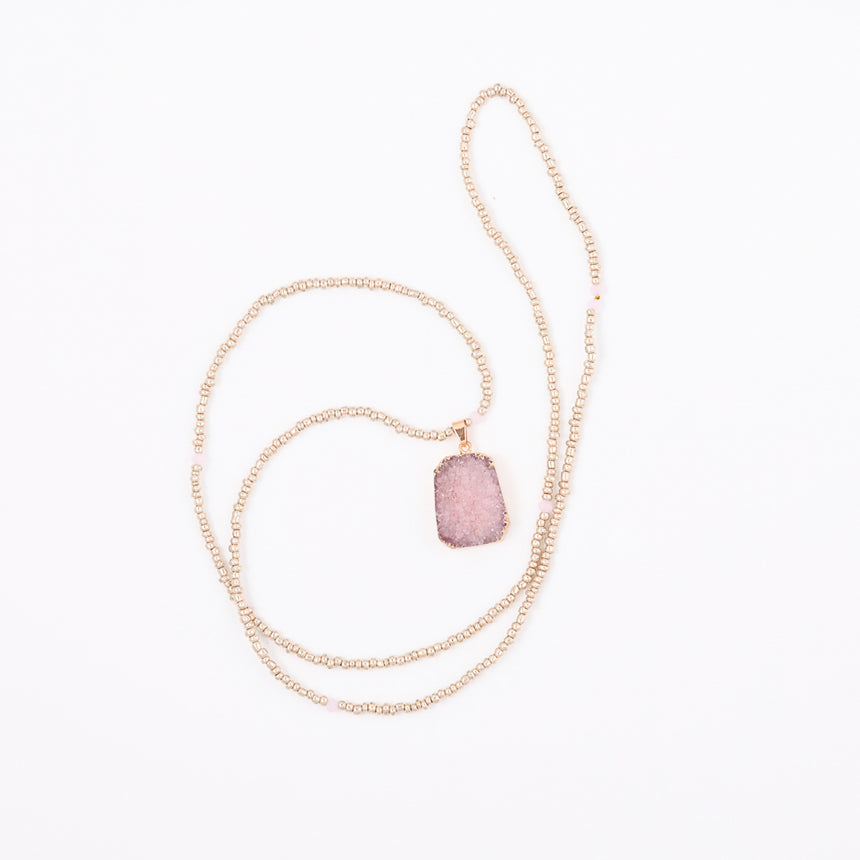 Gold Beaded Necklace with Pink Druzy