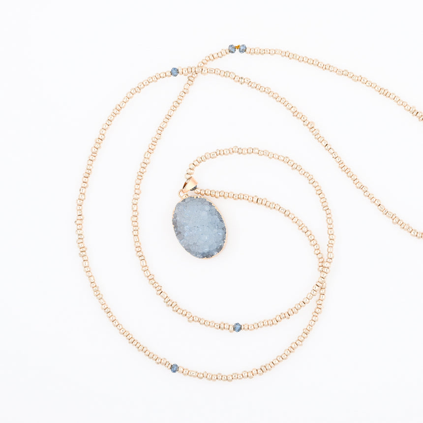 Gold Beaded Necklace with Blue Druzy