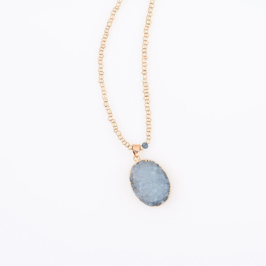 Gold Beaded Necklace with Blue Druzy