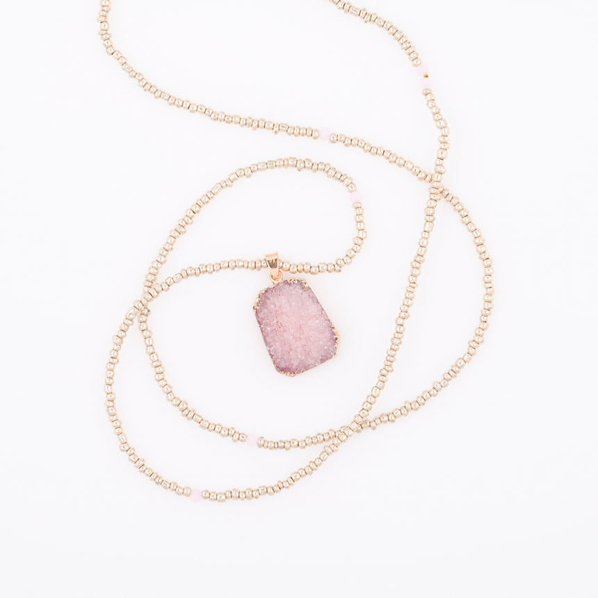 Gold Beaded Necklace with Pink Druzy