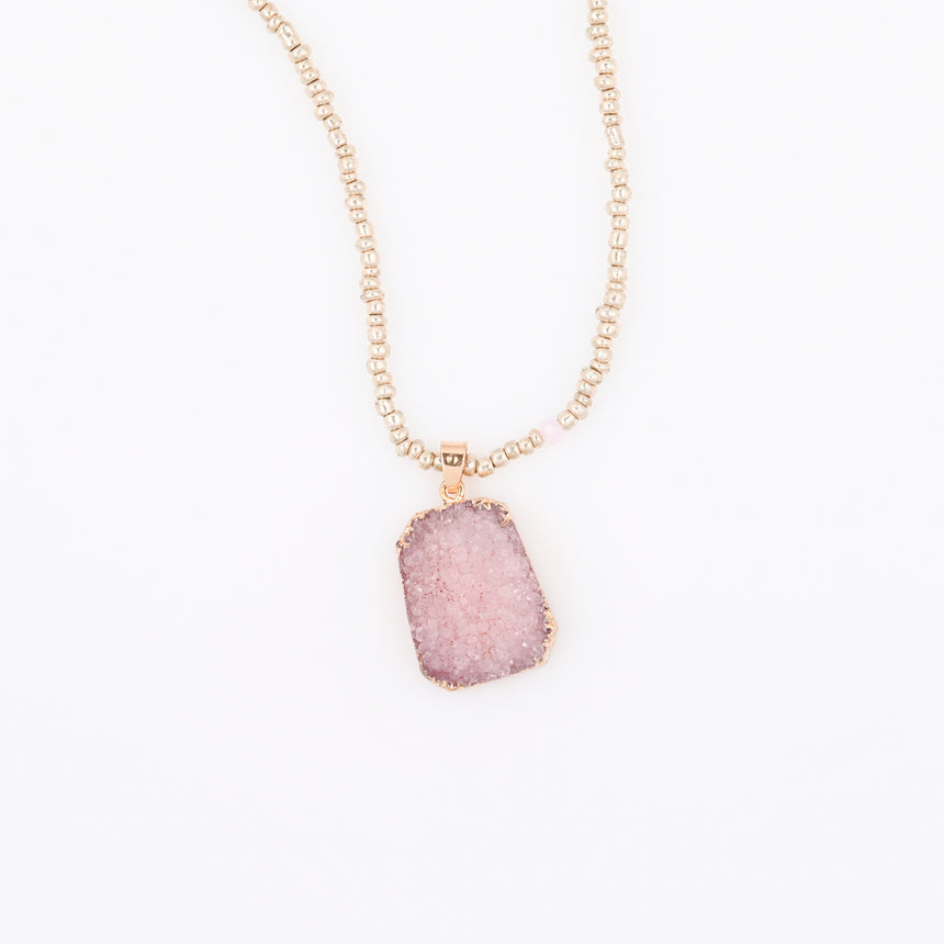 Gold Beaded Necklace with Pink Druzy