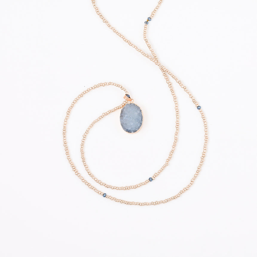 Gold Beaded Necklace with Blue Druzy