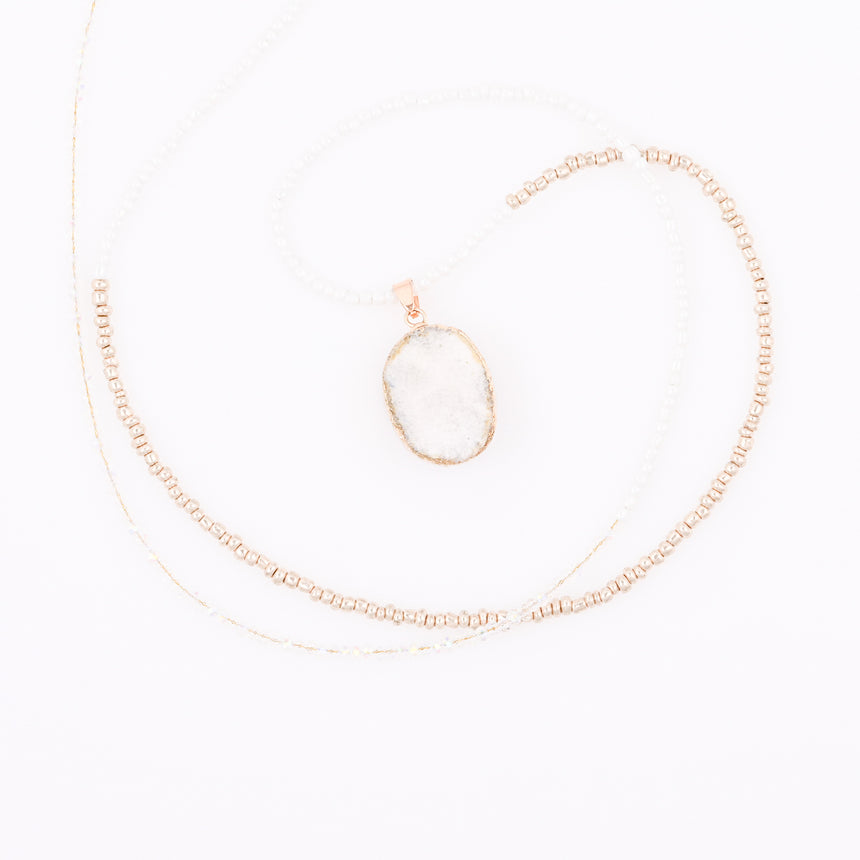 White and Gold Beaded Necklace with White Druzy