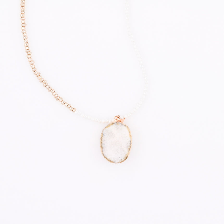 White and Gold Beaded Necklace with White Druzy