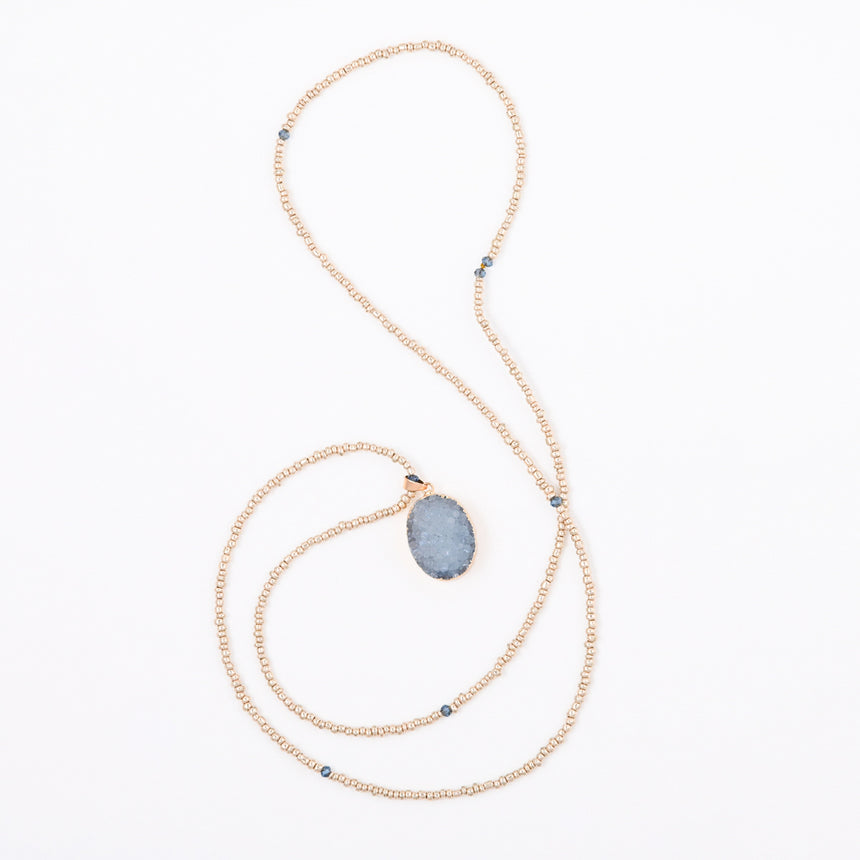 Gold Beaded Necklace with Blue Druzy