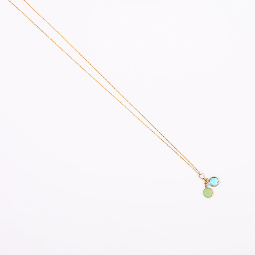 Long Gold Gemstone necklace - Blue Topaz and Green Chalcedony