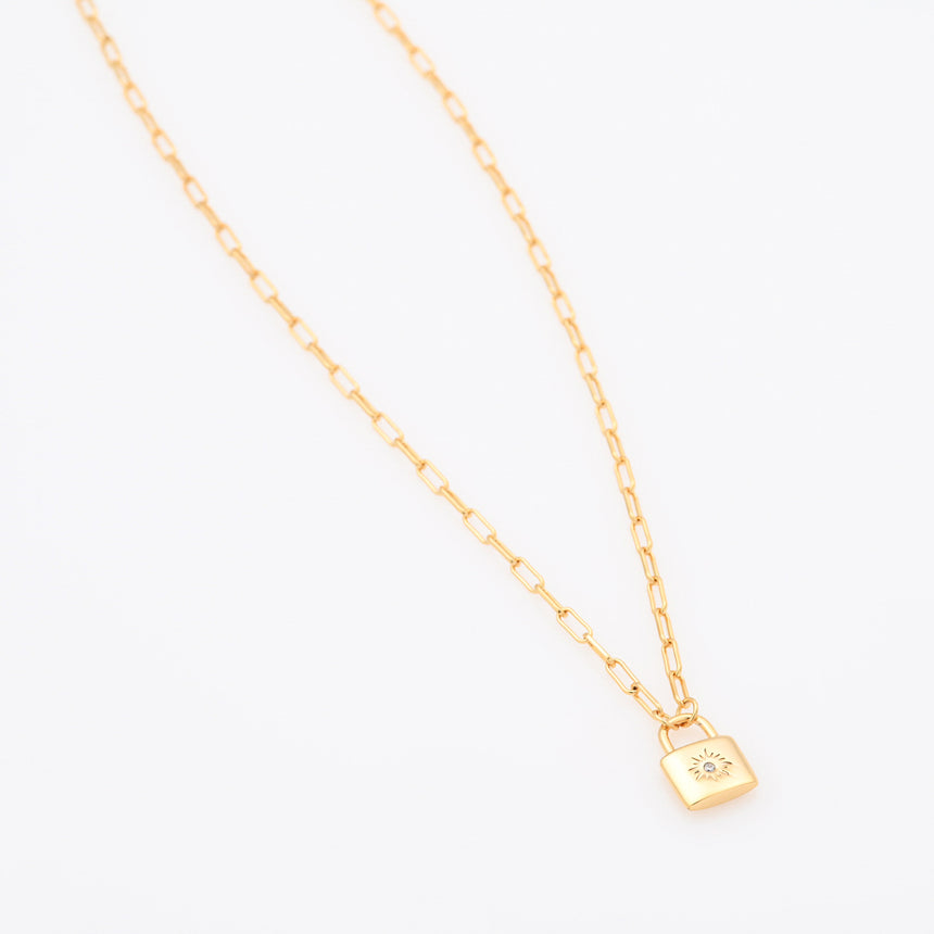 Gold Lock pendant on a Paperclip chain