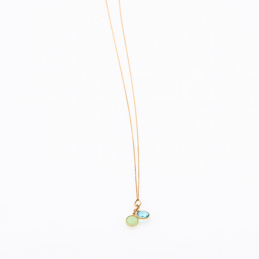 Long Gold Gemstone necklace - Blue Topaz and Green Chalcedony