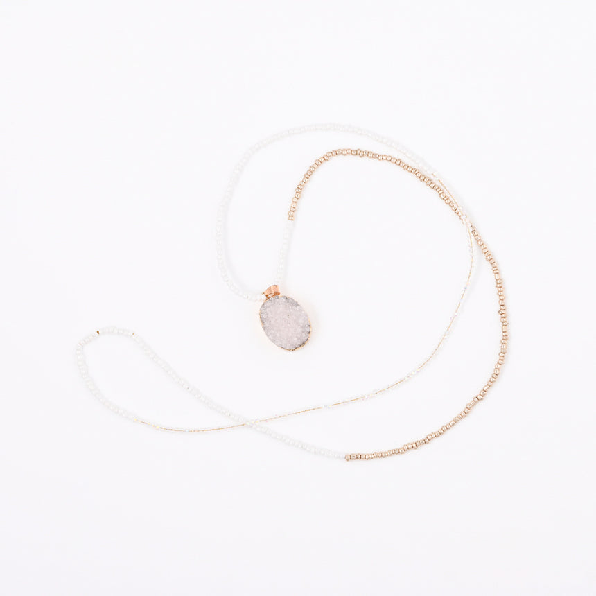 White and Gold Beaded Necklace with White Druzy