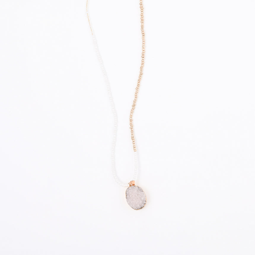 White and Gold Beaded Necklace with White Druzy